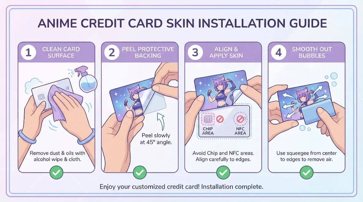 気泡のないアニメカードスキン設置のための4ステッププロセス アニメクレジットカードステッカーを適用するためのステップバイステップビジュアルガイド
