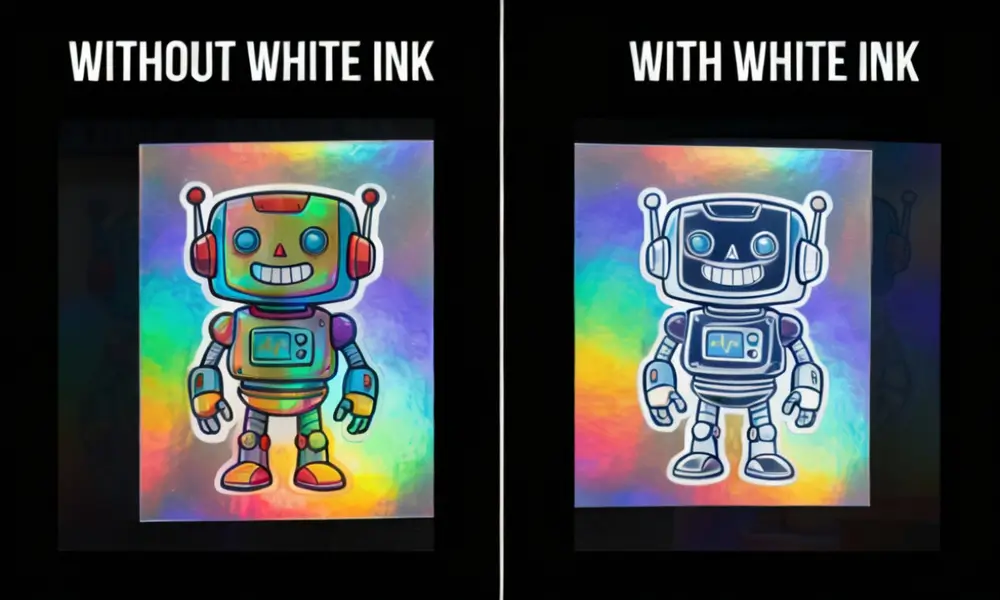 White ink underbase effect on holographic sticker color reproduction Side-by-side comparison of holographic stickers with and without white ink underbase showing color accuracy difference