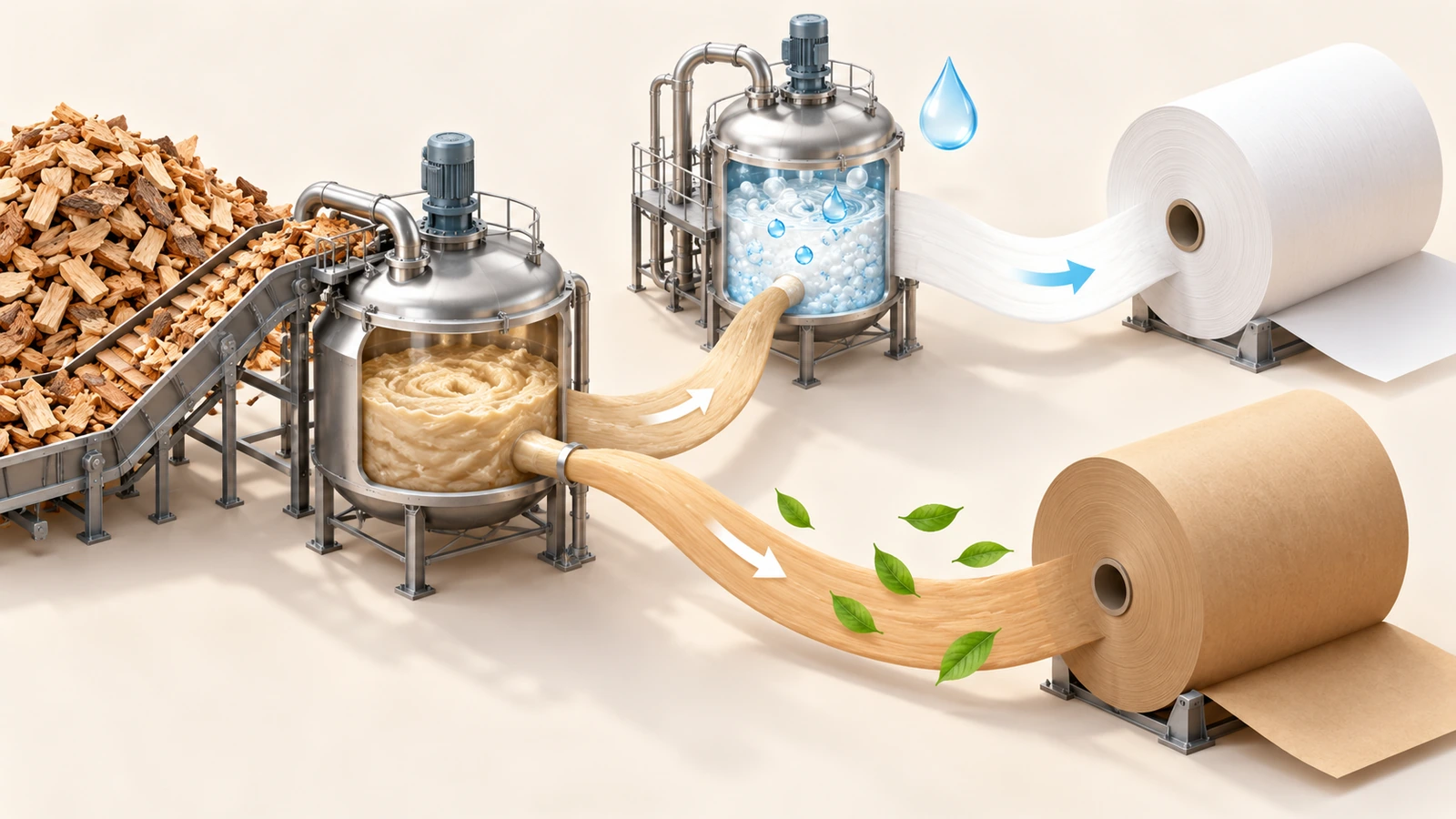 単一のクラフトパルプの流れが二つの経路に分かれる図。一方は茶色クラフト紙のロールへ直接向かい、もう一方は追加の漂白工程を経て白クラフト紙のロールへ向かう