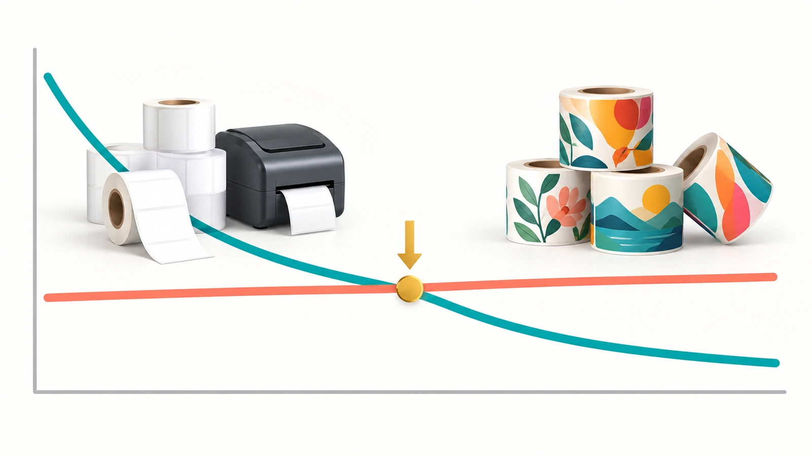 二本の曲線が交差する抽象的なグラフ:一方はデザイン当たりの数量が増えるにつれて急激に下がり、もう一方は横ばいのままで、矢印が交差点を示している