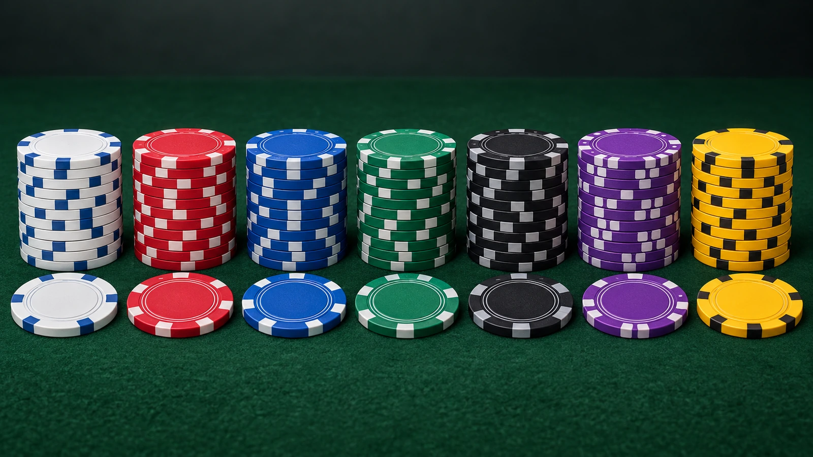 従来の色で、最も淡い額面から最も濃い額面へ並んだ七つのポーカーチップのスタック：白、赤、青、緑、黒、紫、黄色