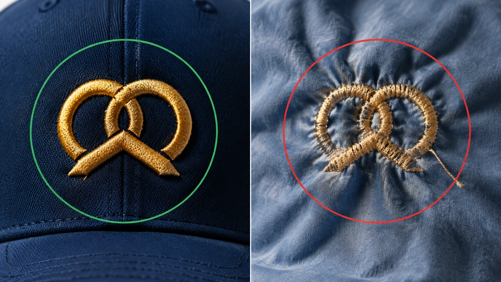 ストラクチャードなトラッカーハットのフロントにある、きれいで高密度なサテンステッチ刺繍と、柔らかいパネルでパッカリングを起こした刺繍とのマクロ比較