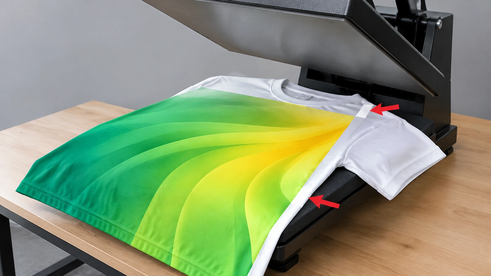 縫製済みのポリエステルTシャツの上にあるヒートプレスのプラテンと、脇縫いに沿った未プリント部分を示す矢印
