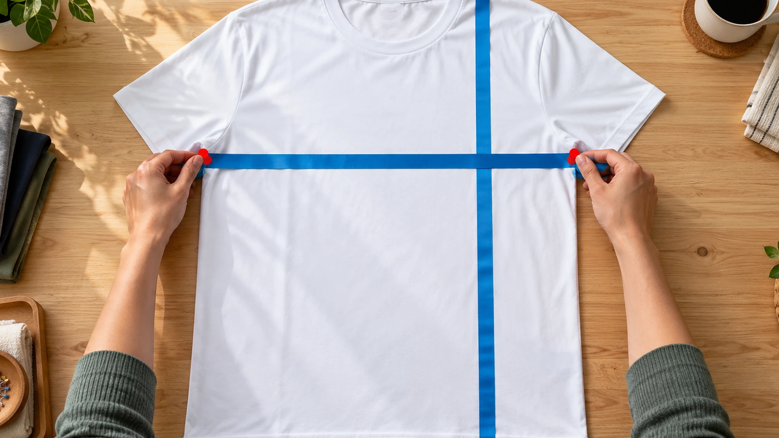 胸元に無地の布製メジャーを当てて、平置きの白いユニセックスのポリエステルTシャツを測る手
