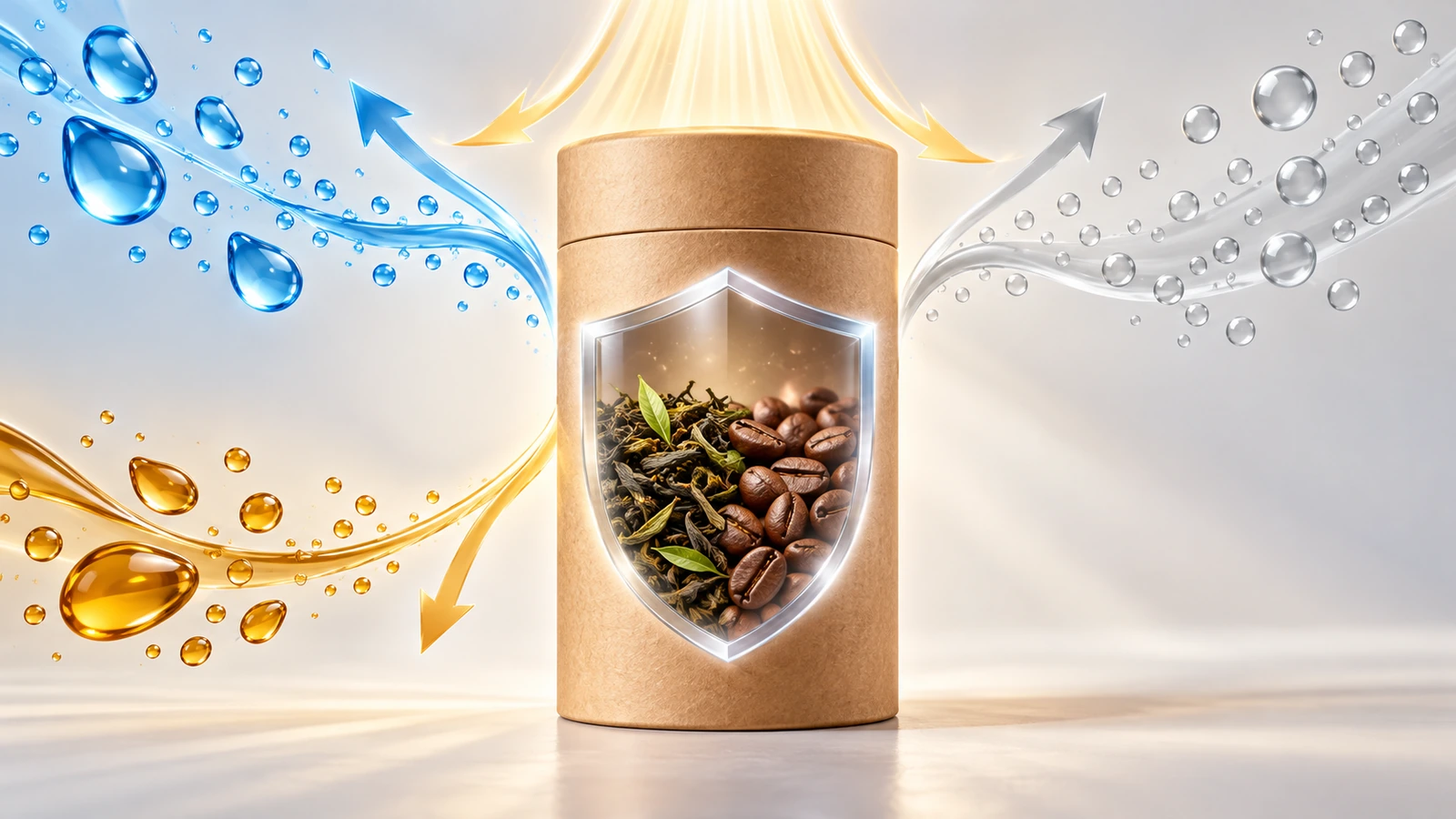 密封した板紙チューブの図。盾のような内側ライナーが、青い水滴、小さな酸素の泡、黄色い光線、琥珀色の油滴をはね返し、方向を示す矢印が添えられている