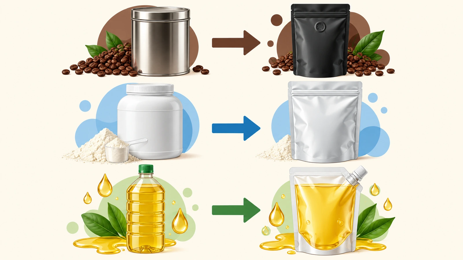 コーヒー缶とバルブ付きパウチ、粉末のタブと広口ジッパーパウチ、液体のボトルとスパウト付きパウチを、色分けした矢印で結んだ対応図