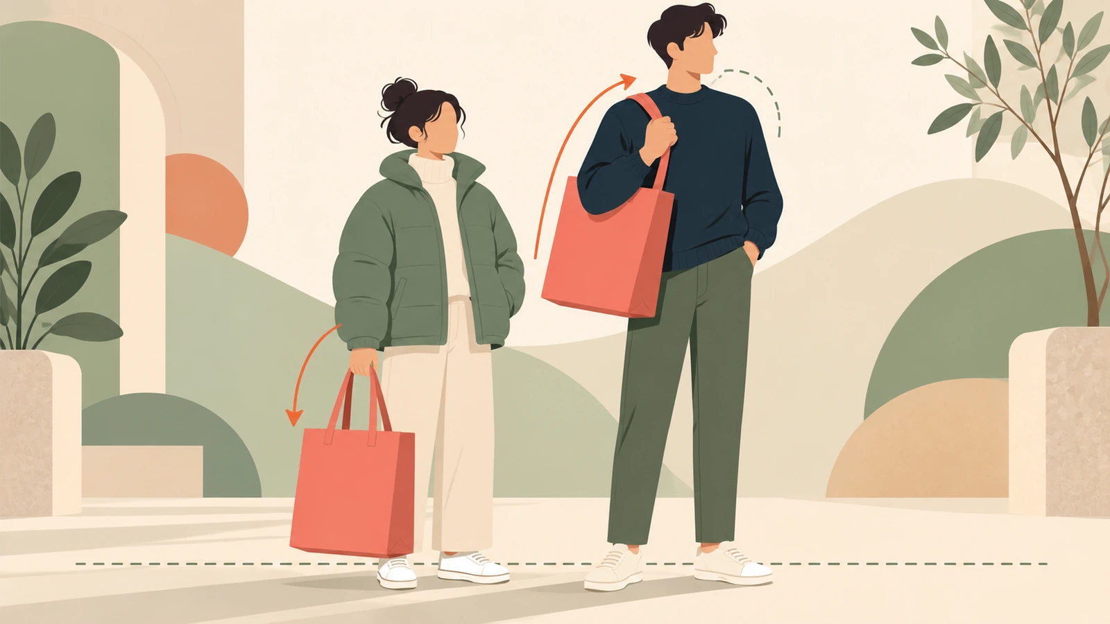 身長の異なる二人が同じ特大の再利用バッグを持っている様子。一人は手提げ、もう一人は肩掛け
