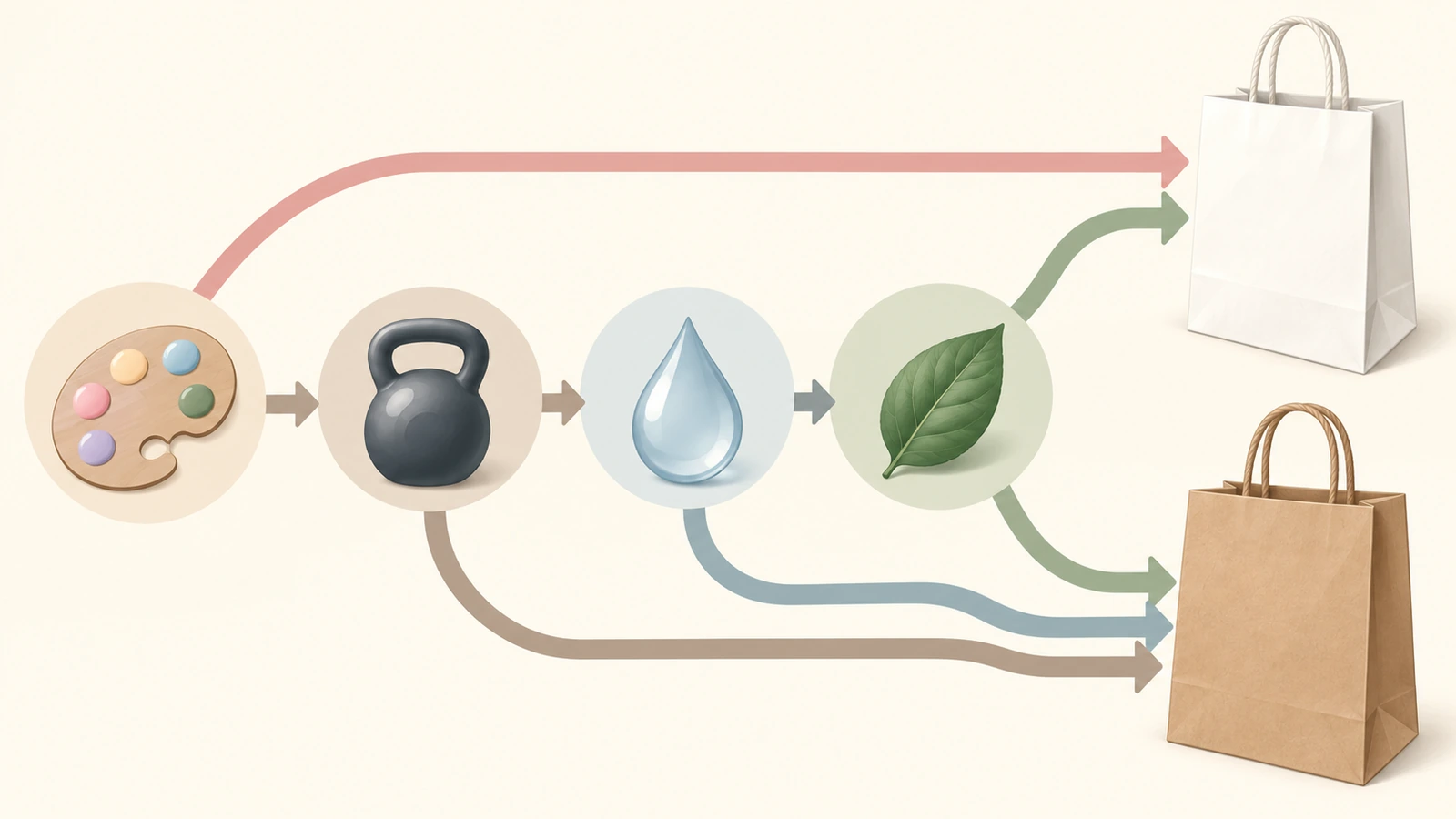 シンプルな図形と矢印を使った意思決定フローの図。パレット、重量、水滴、葉のアイコンが分岐した経路に沿って、白クラフト紙袋または茶色クラフト紙袋へと導く