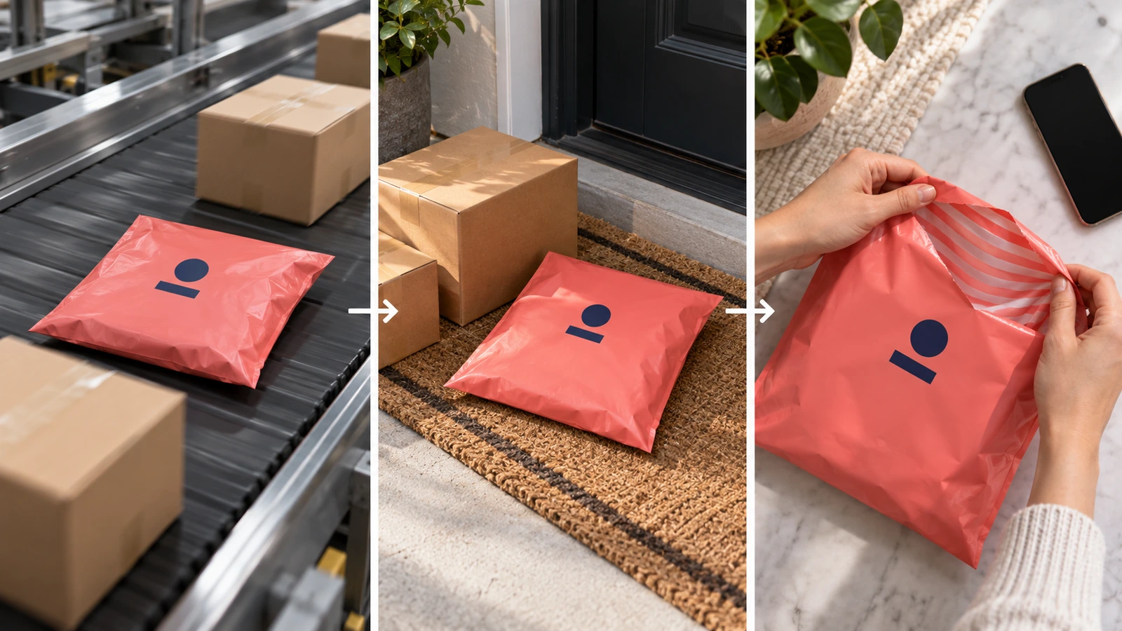 ブランドポリメーラーが見られる三つのシーン：仕分けコンベア上、ほかの荷物に混じった玄関先、そして顧客が手に持って開いた状態