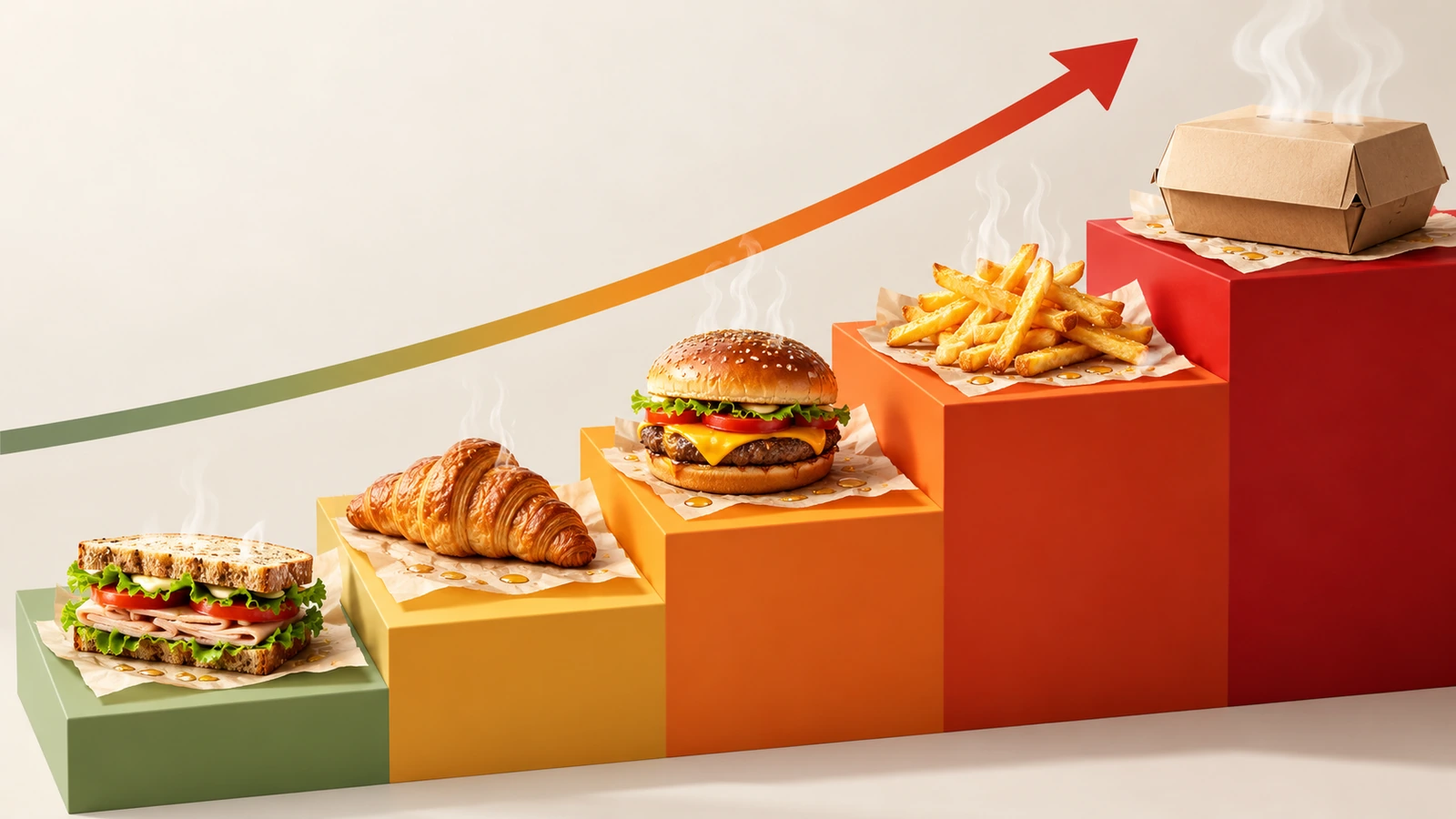 クロワッサンやサンドイッチからフライドポテトや密閉された配達用ボックスへと上る階段のイラスト。各段で油滴と熱気が増え、耐油バリアへの要求が高まる様子を示している