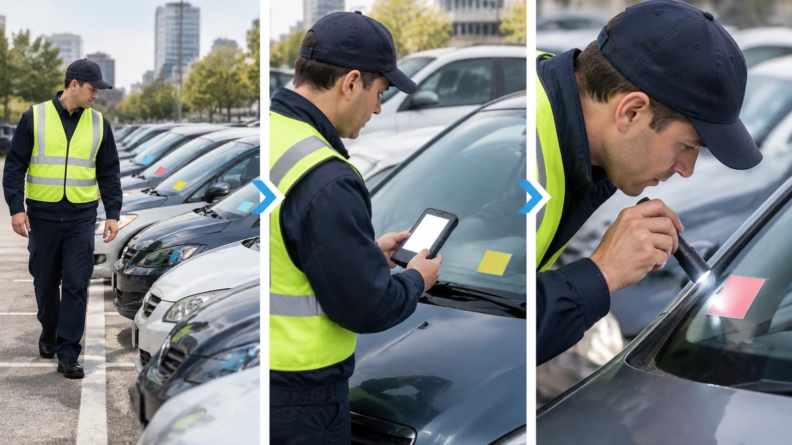 駐車場の巡回担当者が駐車中の車の列を歩く様子を三段階で示した図:遠くからフロントガラスを一目確認、携帯端末で許可証をスキャン、かがみ込んで許可証の端を確認