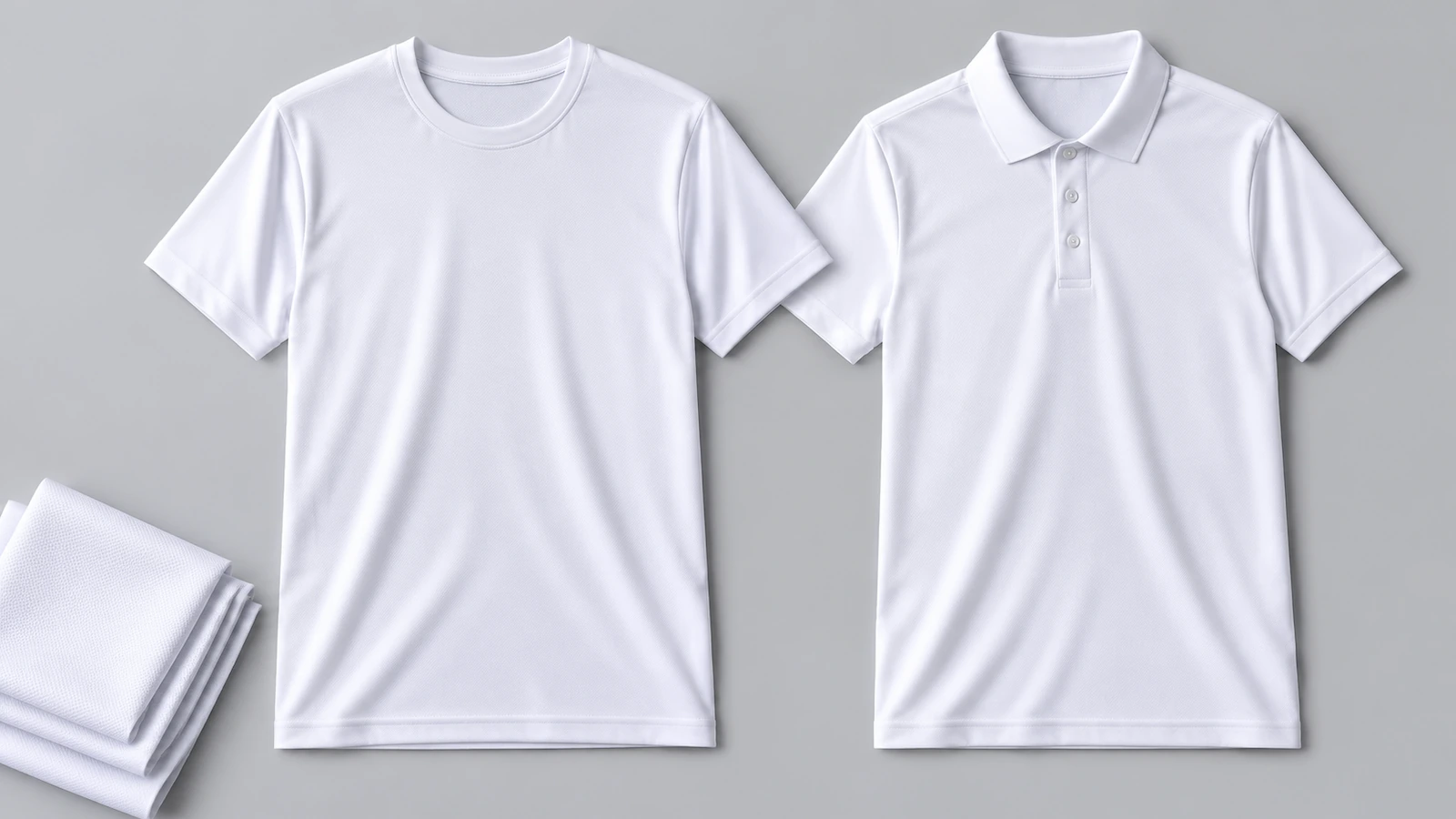 淡いグレーの面に、白いユニセックスのポリエステル昇華Tシャツが白いパフォーマンスポロシャツの隣に平置きされている様子