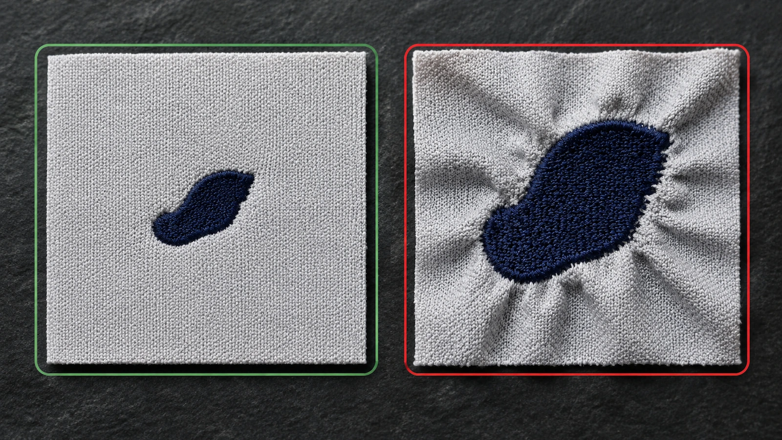 ピケ生地の見本を二枚並べた図。左は平らできれいな刺繍エンブレムを緑の枠で囲み、右は縫い目の周りが波打って引きつれた生地を赤の枠で囲んでいる