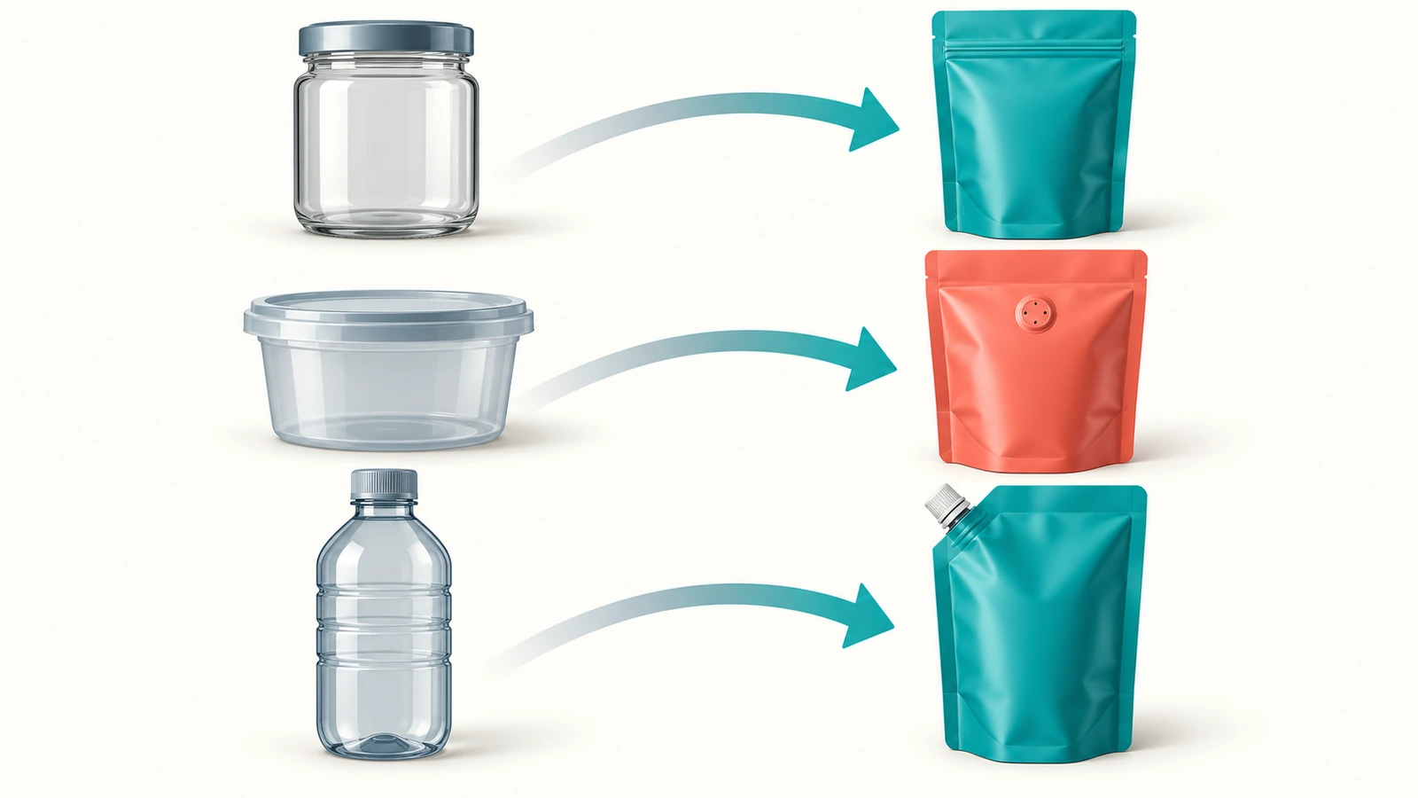 左側のガラスジャー、プラスチックのタブとボトルから、右側の対応するフレキシブルなスタンドパウチへ矢印が伸びている図