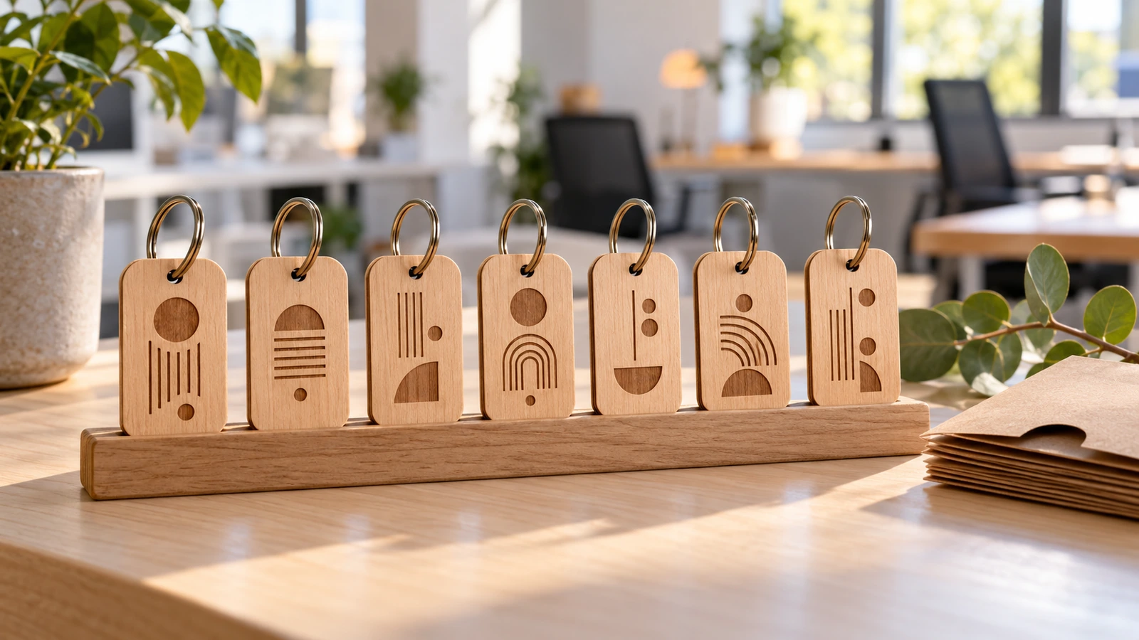 それぞれ異なる抽象的なモチーフが彫刻された、揃いの木製スタッフ表彰キーホルダーの列。個人名のパーソナライズを表している