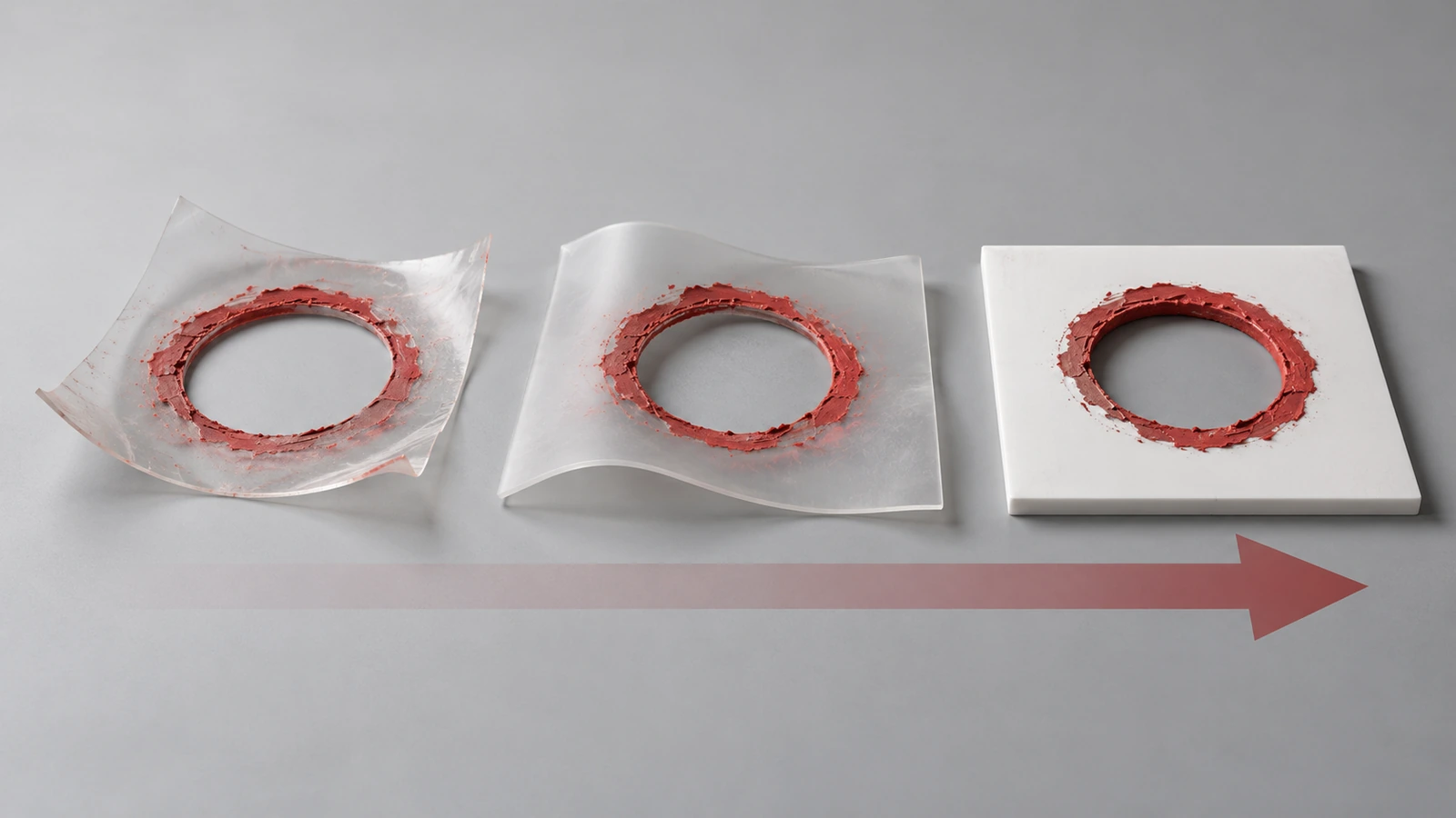薄いフィルム、中厚フィルム、厚手ポリエチレンのステンシルシートを、繰り返し吹き付けたあとで並べて比較したイラスト。薄いシートは反り、厚いシートは平らなままです
