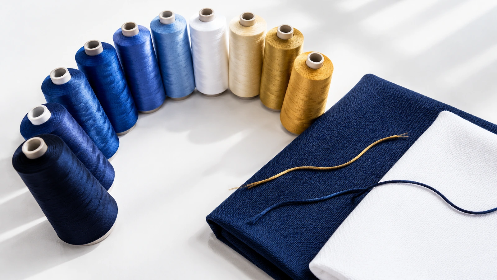 ネイビー、白、ゴールド系の刺繍糸のコーンを扇状に広げ、ネイビーと白のピケ生地の見本の横に置いて、日光下での色合わせを示している