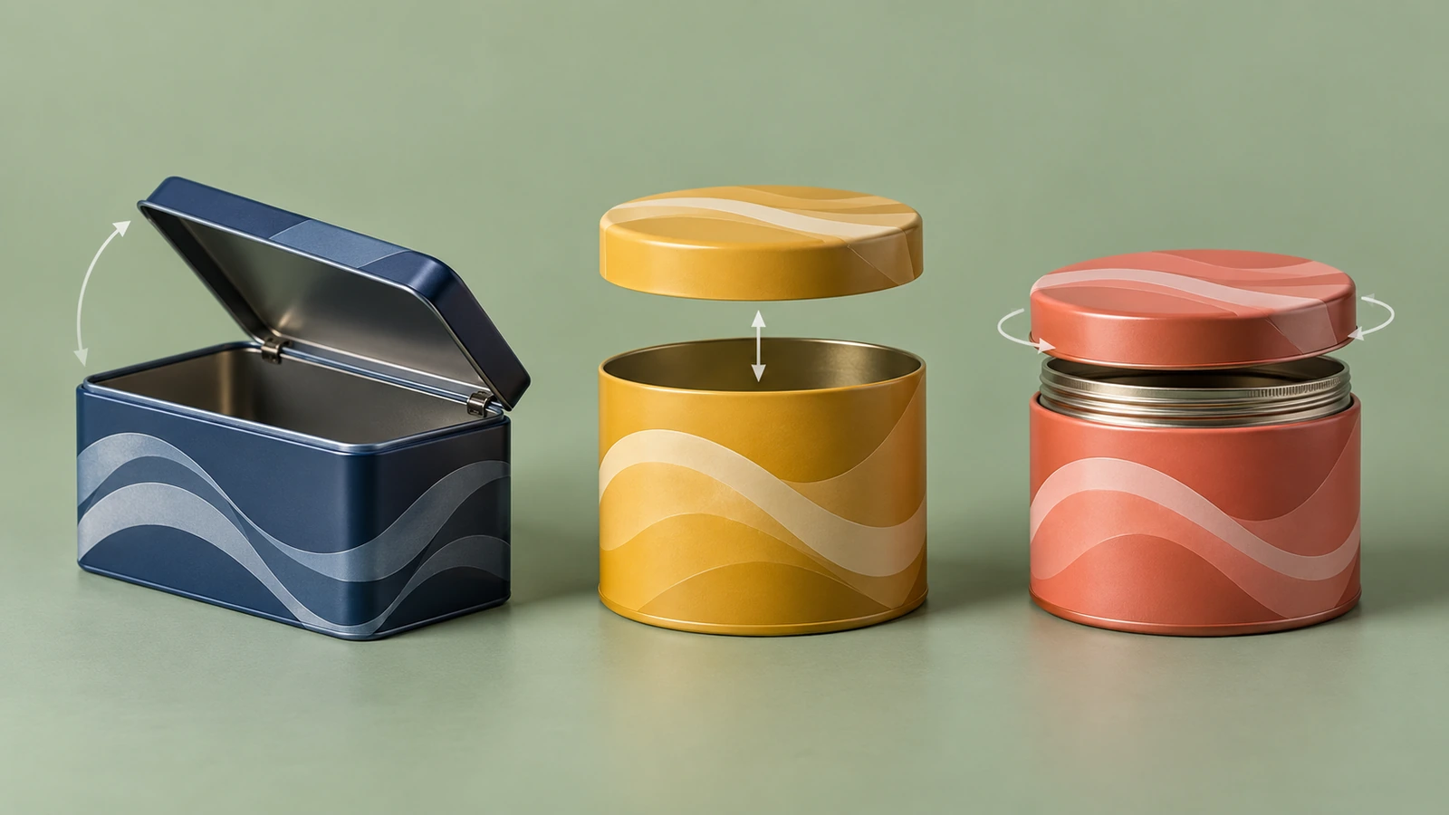 蓋の動きを示す三つの缶:ヒンジ式の蓋が開く様子、かぶせ蓋がまっすぐ持ち上がる様子、ねじ蓋がねじ山に沿って回る様子