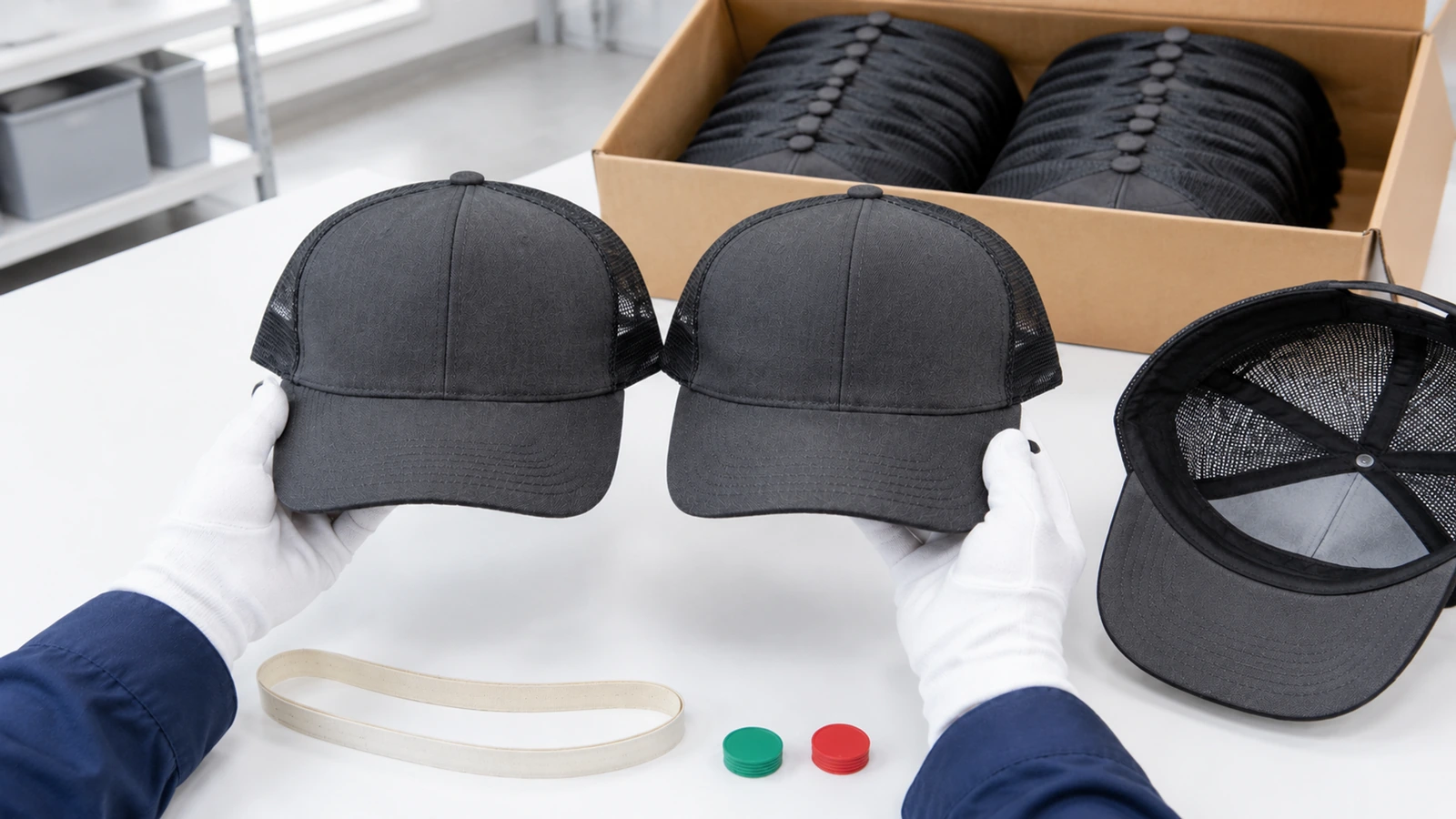 自然光の入る検査台で、量産ロットのトラッカーハットと封をしたゴールデンサンプルを見比べる検査員