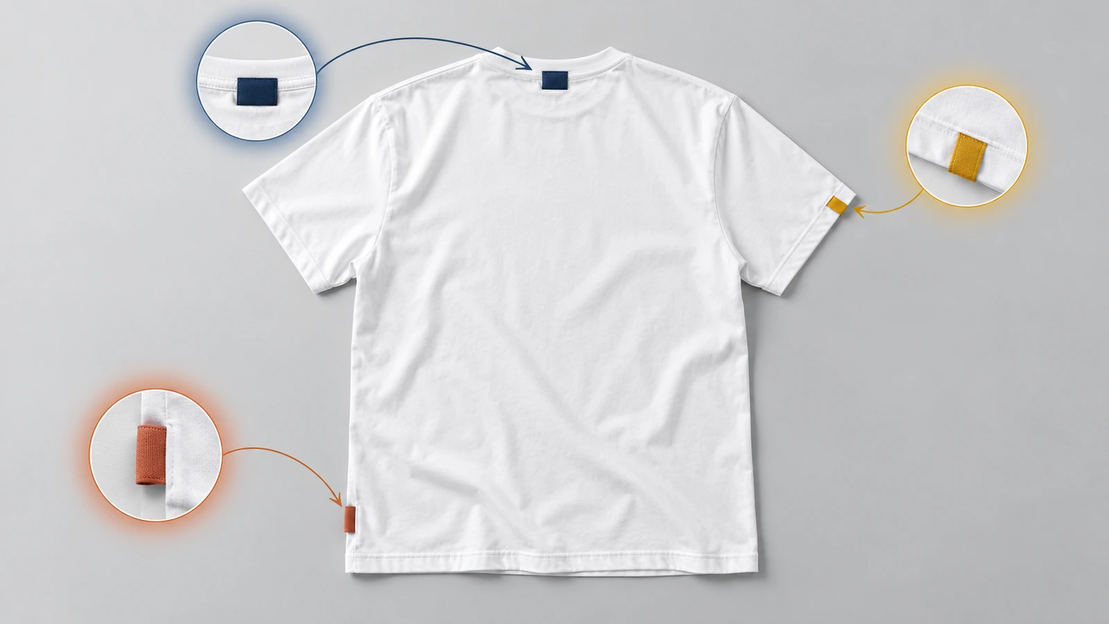 平置きしたTシャツの背面。後ろ襟中央、左脇裾、袖口に色付きのマーカーを置き、織りネームの三つの付け位置を示している