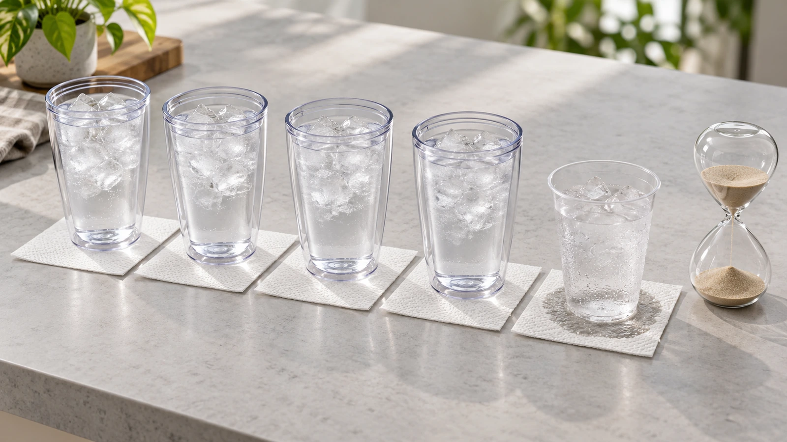 柔らかい日光の下にある卓上テストの設定。氷水を入れた白紙のダブルウォール・プラスチックタンブラーが一列に並び、各カップの下には白いペーパータオル、そして砂時計がある