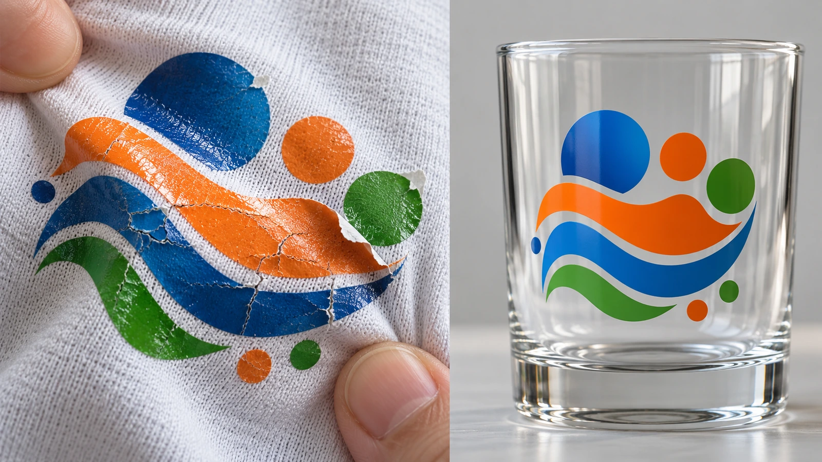 伸びた綿のTシャツ生地の上でひび割れて浮いている硬いUV DTFデカールと、滑らかなガラスのタンブラーに無傷で残っているUV DTFデカール