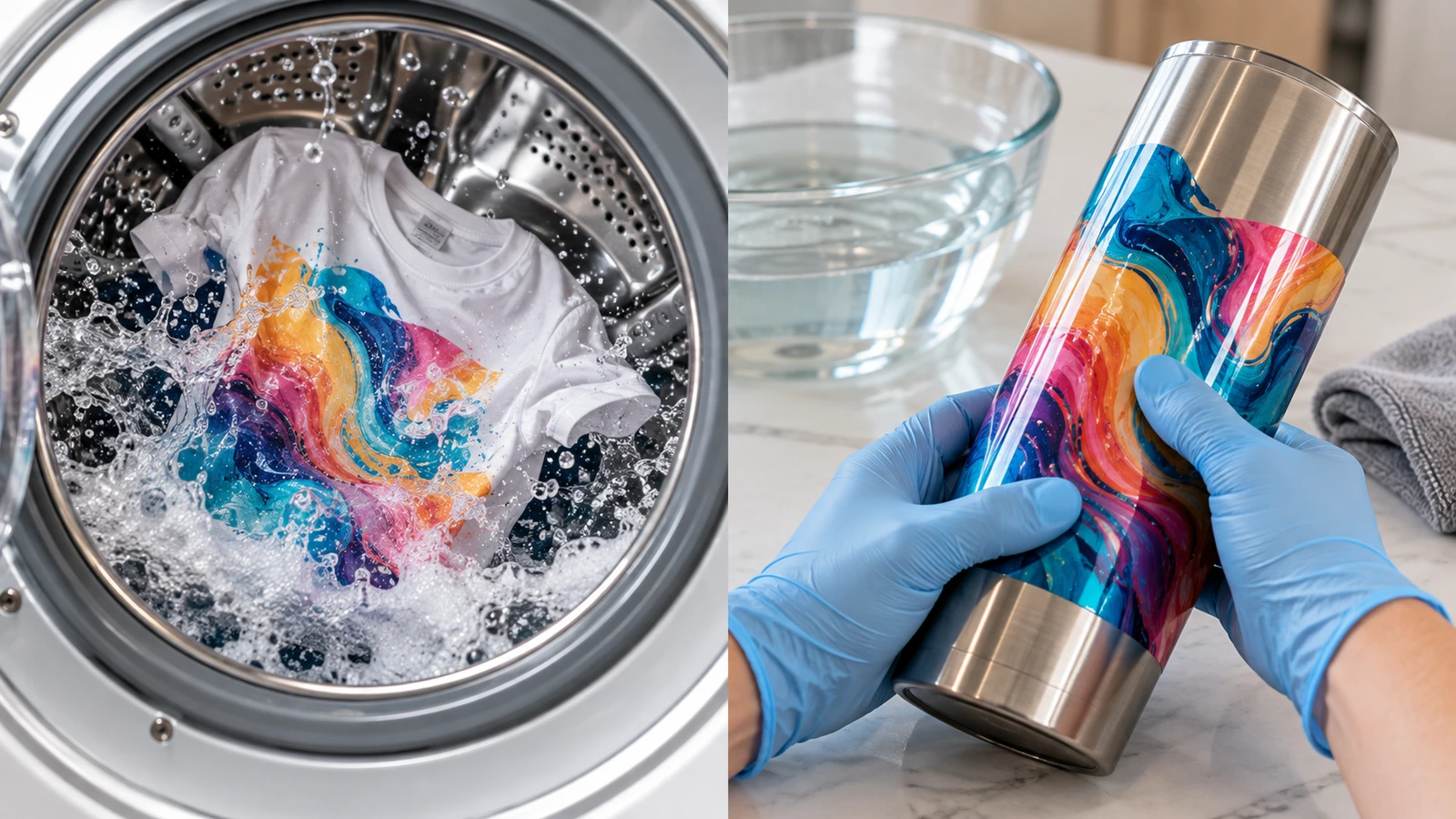 サンプルの並行テスト：洗濯機のドラム内にあるプリント済みサンプルのTシャツと、スチール製タンブラーのデカールの端を押さえる手袋をした手