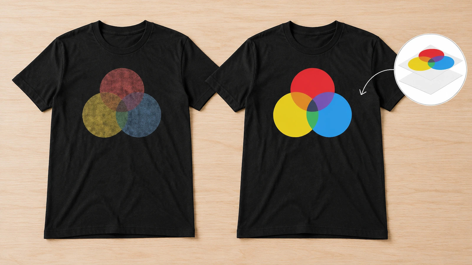 並べた同じ黒のTシャツ二枚。一方はアンダーベースなしのくすんだプリント、もう一方は白のアンダーベースの上に重ねた鮮やかなプリント