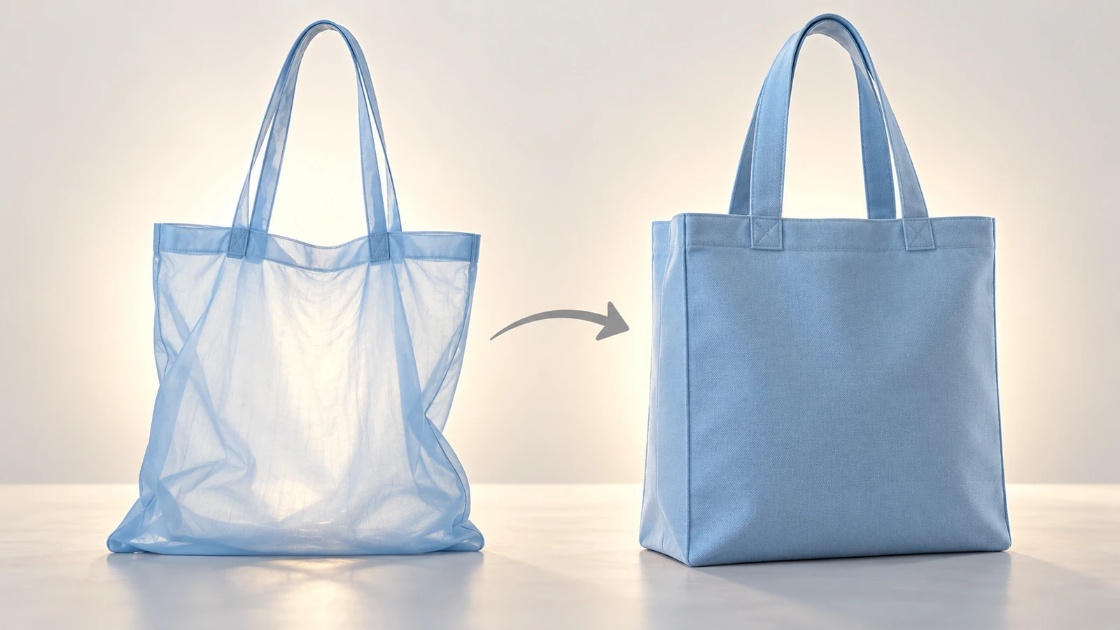 薄く半透明の軽量ポリエステル製トートと、厚くしっかりした構造の重量級トートを並べて比較し、生地の重さの違いを示した画像