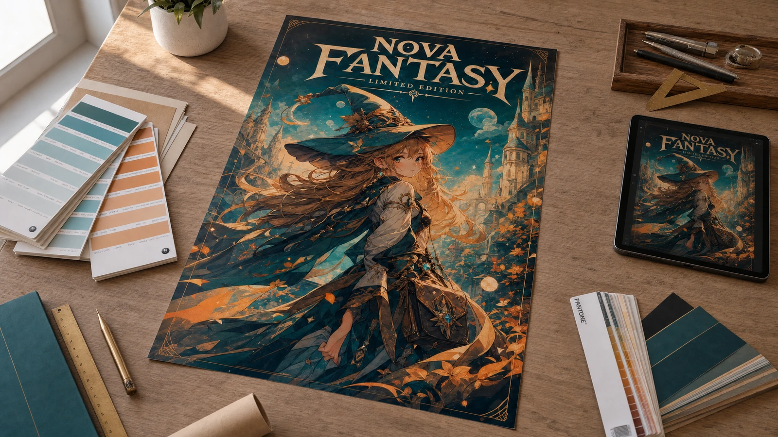 ファンタジーポスターのアートワークと配色計画 タブレット、カラーサンプル、描画用具の横のデスク上にあるファンタジーアートのポスター