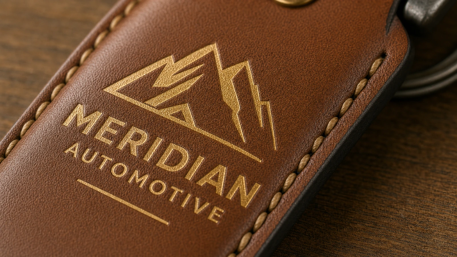 金色の山型エンブレムとMeridian Automotiveの文字が入った、茶色のステッチ入りキーフォブのクローズアップ