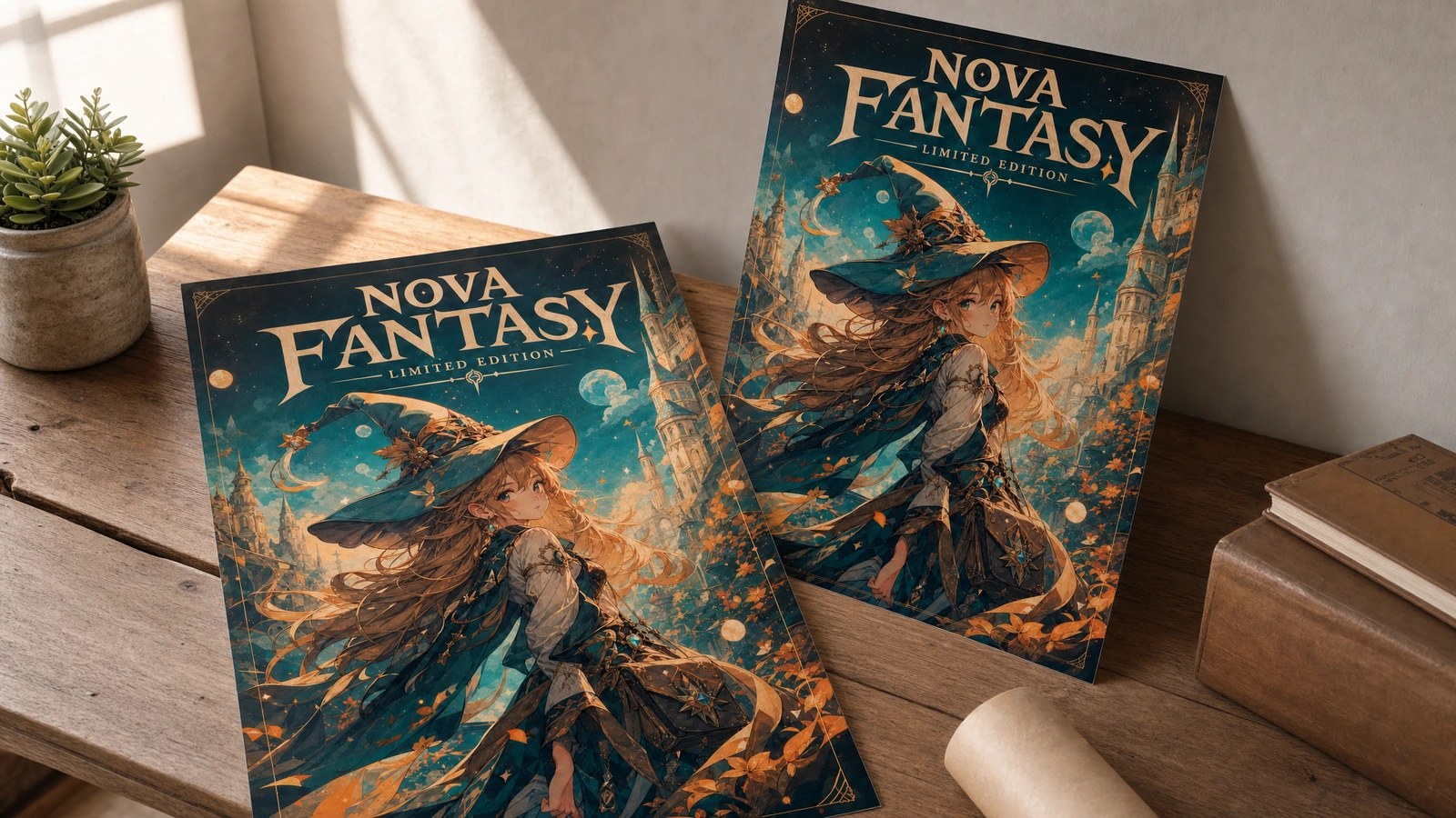 ファンタジーポスターの卓上展示 紙ロールの横の机に立てかけられた二枚のファンタジーアートのポスター
