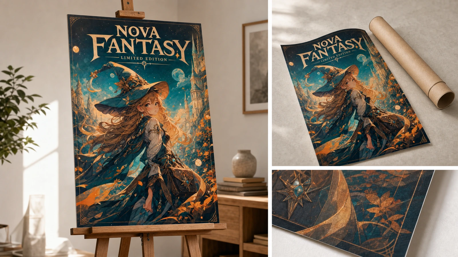 ポスターの展示、梱包、印刷ディテール イーゼルに飾られたファンタジーポスター。差し込み式の梱包と印刷ディテールの表示付き