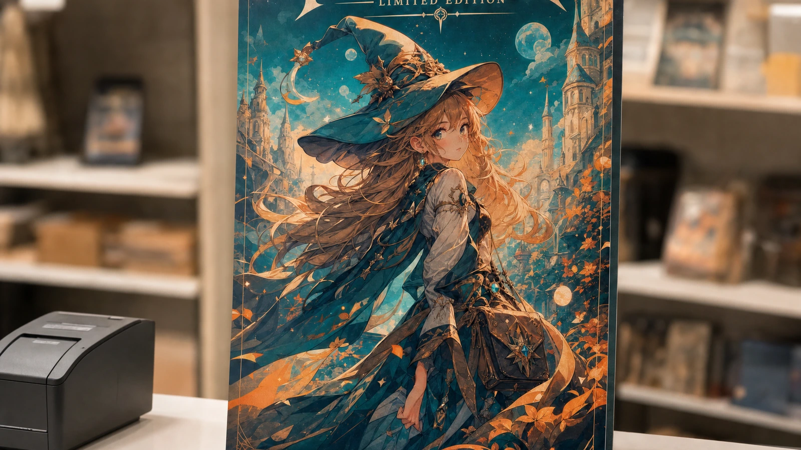 ファンタジーポスターのカウンター展示 小売店のカウンターに立てて置かれたファンタジーアートのポスター