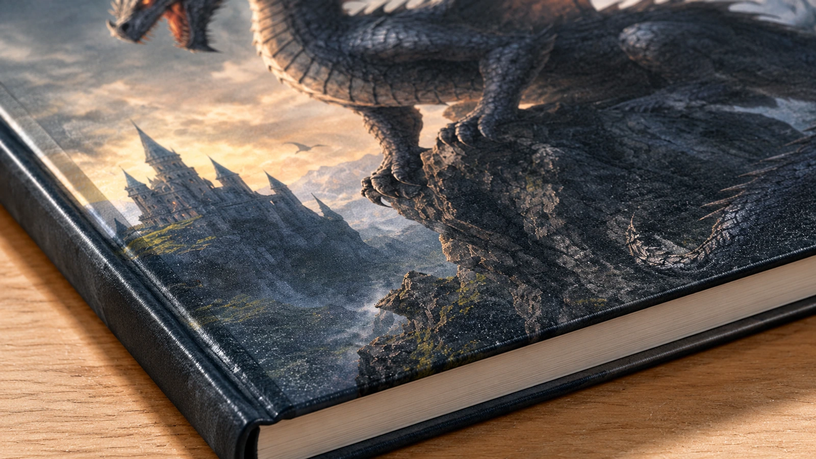 ドラゴン柄の表紙と背の詳細 ドラゴン柄のノート表紙、背、ページの小口を接写したイメージ