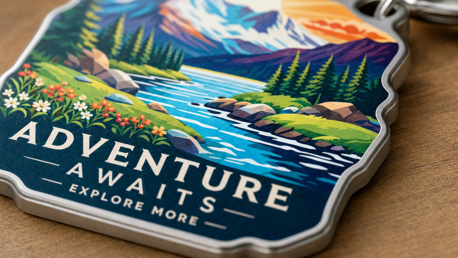 山、川、「Adventure Awaits」の文字が入った、形状を切り抜いた風景キーホルダーのクローズアップ