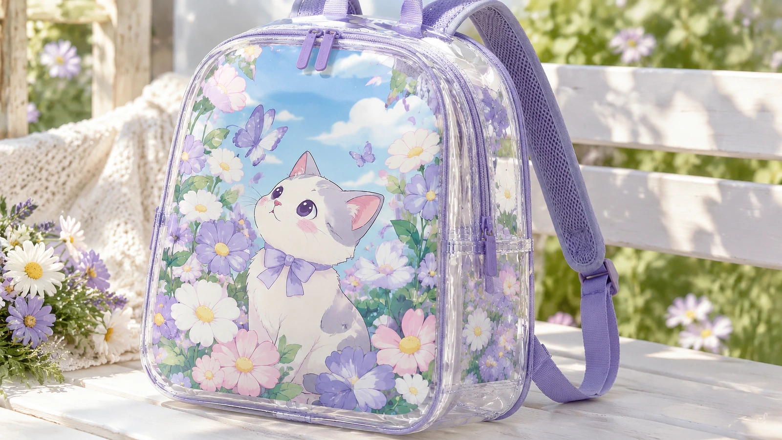 バックパックの屋外展示のイメージ 屋外のベンチに置かれた、紫のトリムと花柄の子猫アートを備えた透明バックパック