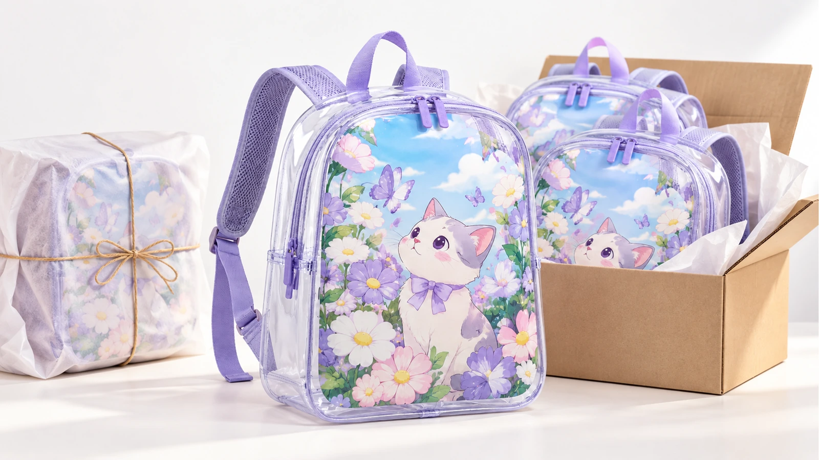 バックパックと梱包のイメージ 包装された荷物と開いた段ボール箱の横に置かれた、花柄の子猫のバックパック