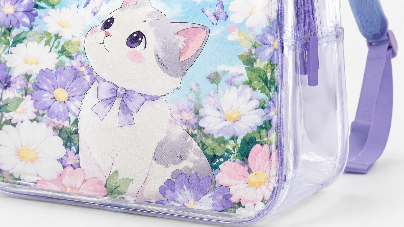 バックパックのアートワークとサイドパネルの詳細 子猫と花のアートワーク、透明なサイドパネル、紫のバックパックストラップのクローズアップ