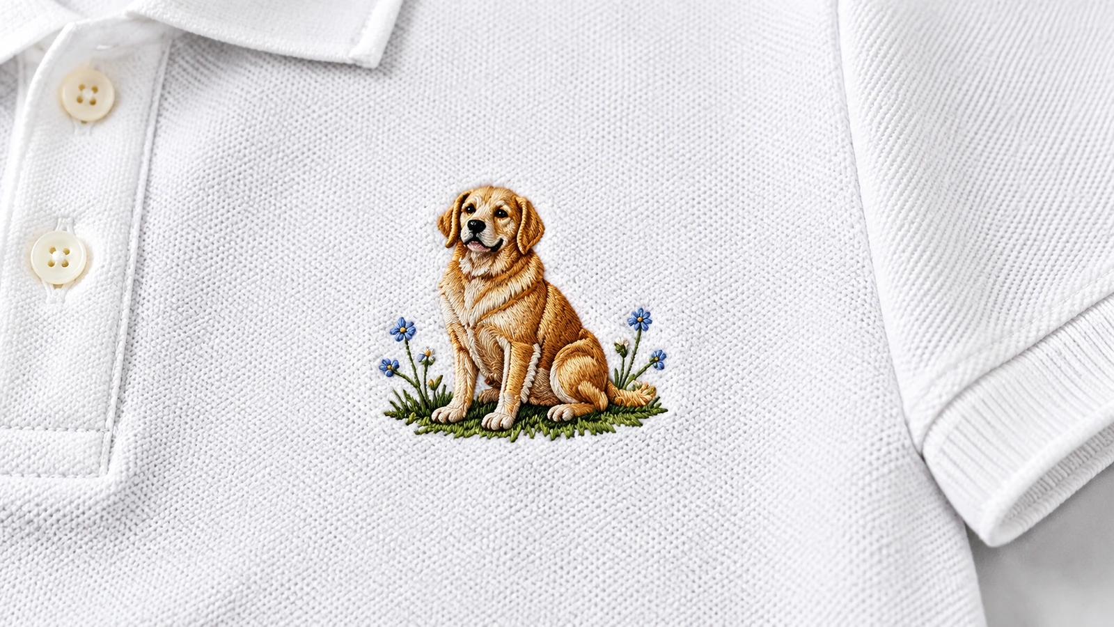 テクスチャのある白い生地の犬の刺繍 テクスチャのある白い生地に施された、小さな花と犬の刺繍のクローズアップ