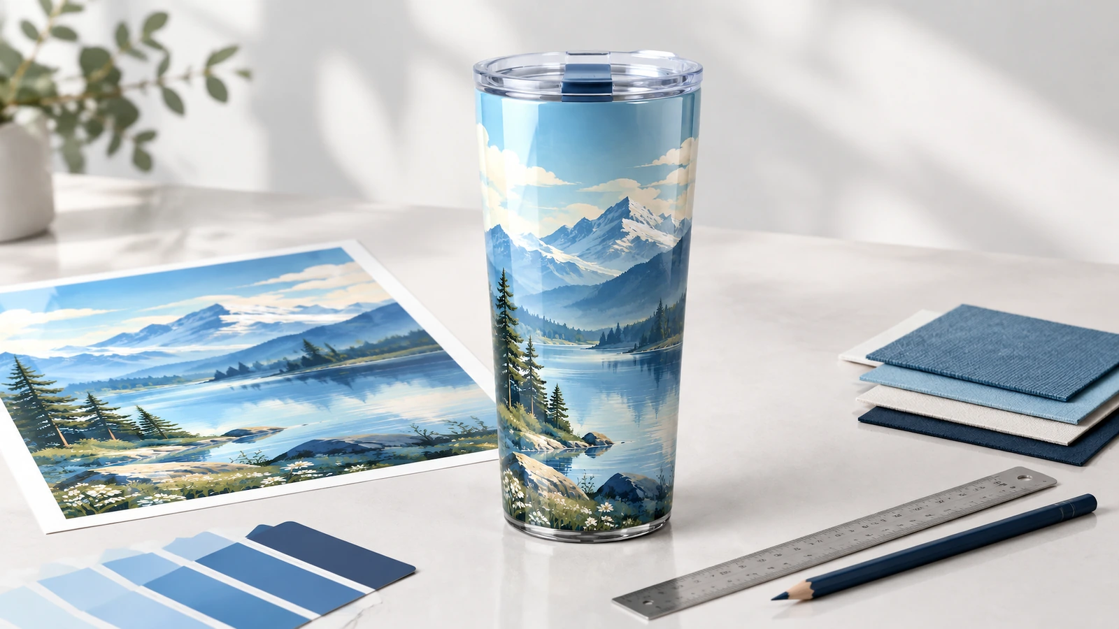 山のデザインのプラスチック製タンブラーと、アートワーク用の用紙、青い色見本、定規、ノート