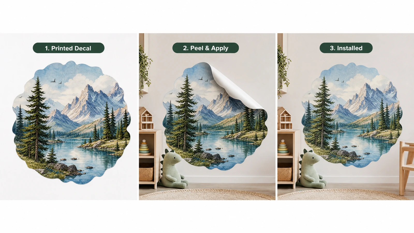 3パネルのイラスト：印刷された山と湖のデカール、貼付の工程、施工後の仕上がりを示す