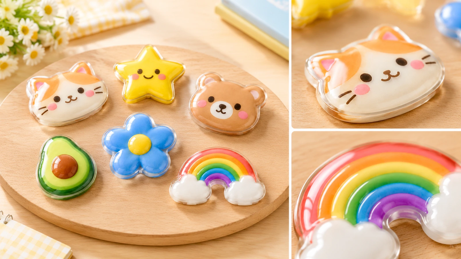 丸い木製ボードの上に置かれた、猫、星、クマ、花、アボカド、レインボーのドームステッカー。猫とレインボーの詳細図付き