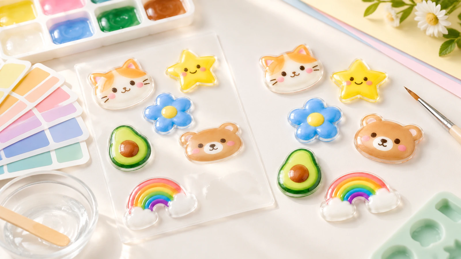 絵の具用品の横に置かれた、猫、星、花、クマ、アボカド、レインボーのデザインのグロッシーなドームステッカーのシート