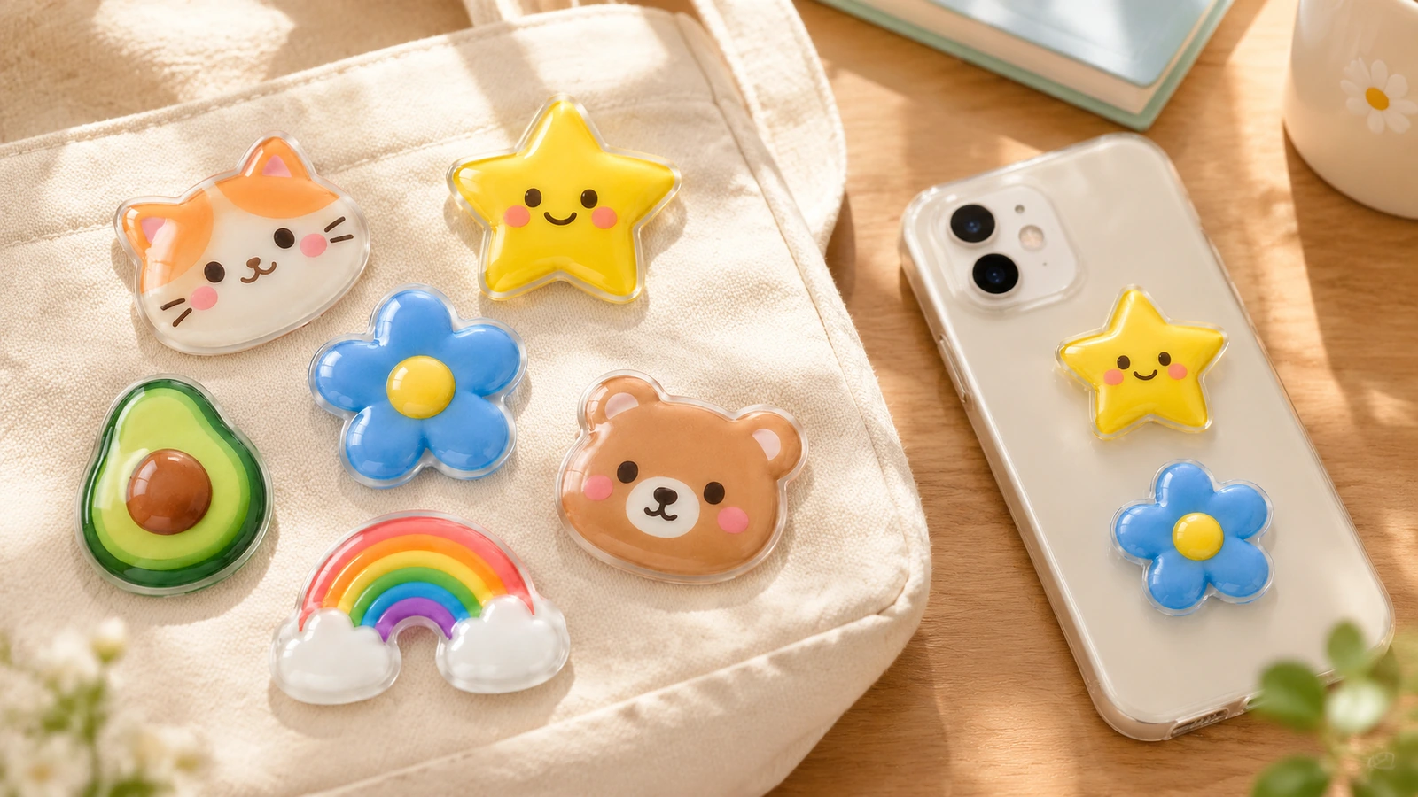 ファブリックバッグと、装飾されたスマホケースの横に展示された、猫、星、花、クマ、アボカド、レインボーのカラフルなドームステッカー