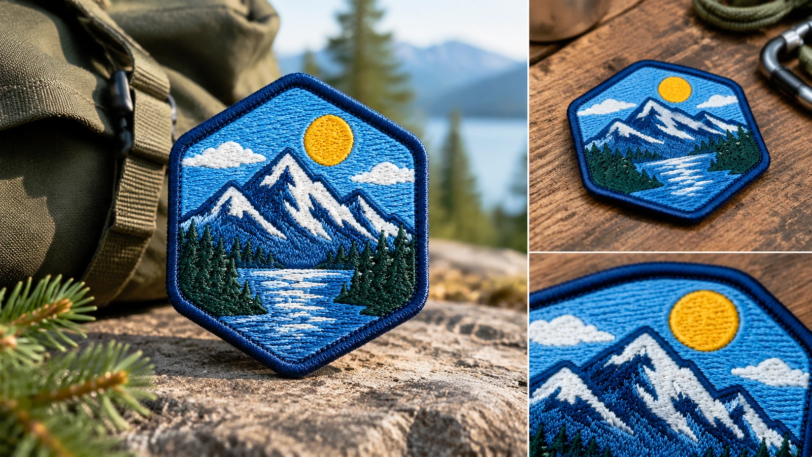 山のワッペンと刺繍ディテールのコラージュ 屋外、木の板の上、刺繍のクローズアップを組み合わせた山のワッペンのコラージュ