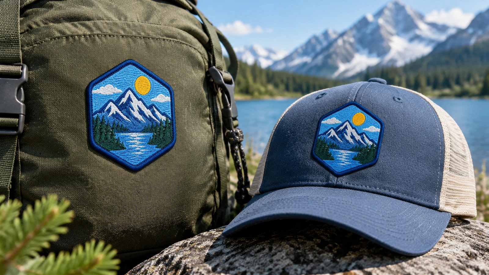 アウトドア用品に付いた山のワッペン 湖の近くでリュックとキャップに付けられた、お揃いの山のワッペン