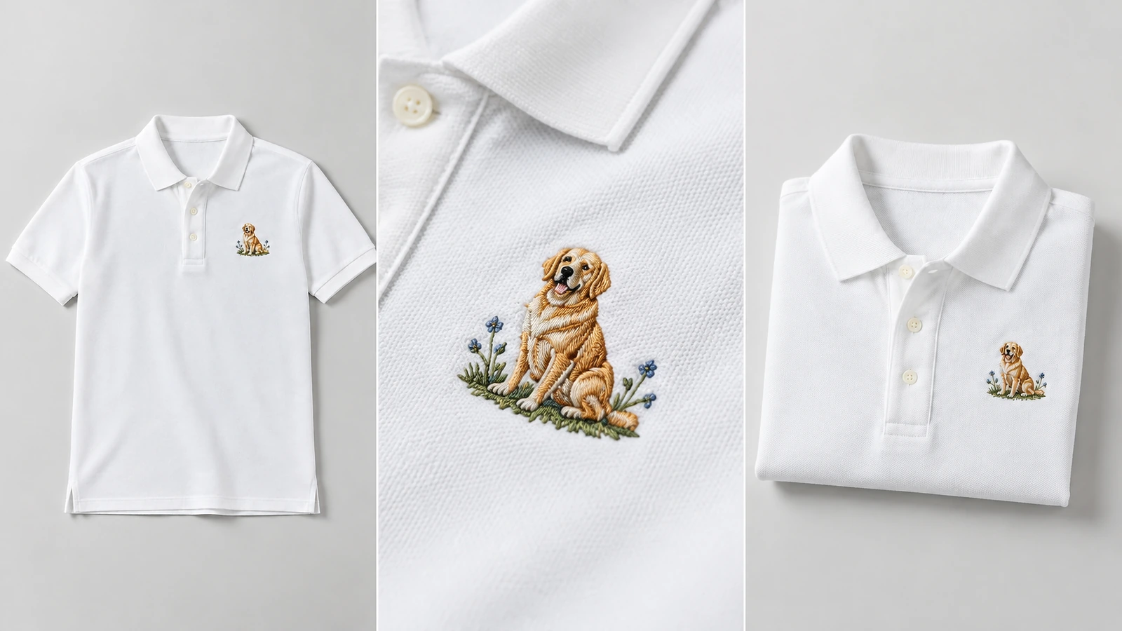 刺繍入り白いポロシャツの表示 白いポロシャツの全身、畳んだ状態、刺繍のクローズアップを並べたコラージュ