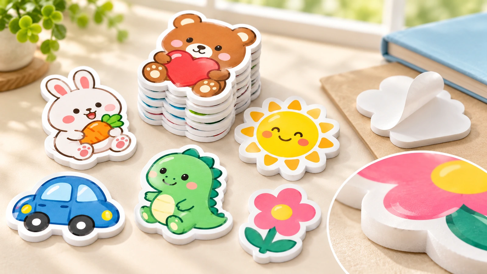 さまざまなキャラクターのフォームステッカー。クマの束、めくられた白い台紙、花の端部の接写を含む