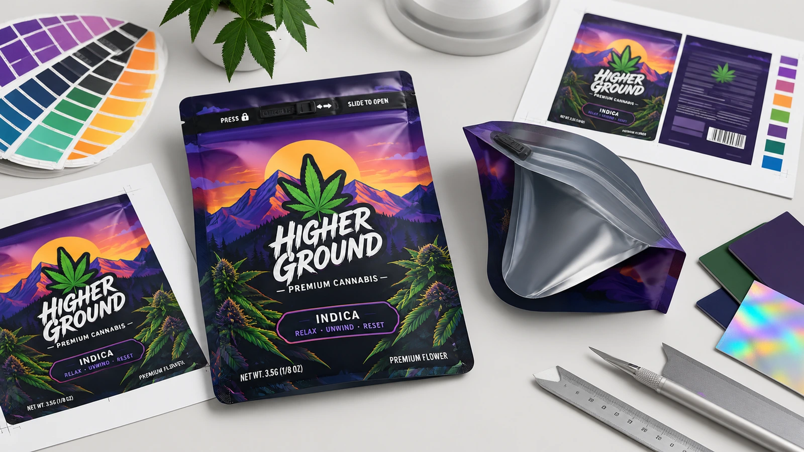 パウチのデザインとサンプルのコンセプト 紫色の大麻をモチーフにしたパウチが、印刷デザイン、カラーサンプル、内部が見える開封済みパウチと並んでいる